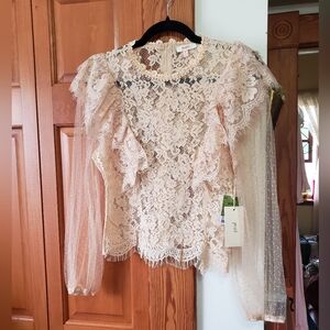 NWT Elegant Victorian Style Ruffle Lace Blouse with Sheer Balloon Sleeves Medium